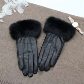 Touchscreen gloves cute rabbit fur lightweight thin sheepskin gloves black MK09