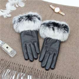 Leather rabbit hair gloves, thin and fashionable black leather gloves, MK09