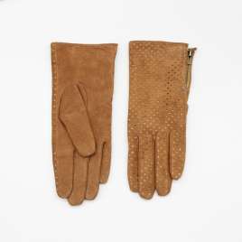 Brown glove zipper breathable hole design, thin two-layer suede glove NS190