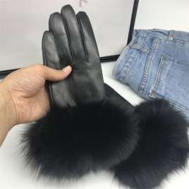 Fox fur lambskin gloves for women, black high-end touch screen gloves MK04