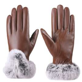 Fashion birthday gift sheepskin gloves women's touch screen brown gloves MK06