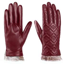 100% Sheepskin Gloves Wine Red Touch Screen Wool Inner Leather Gloves Warm NS268