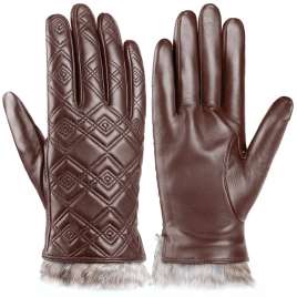 Brown Sheepskin Gloves Touch Screen Wool Inner Leather Embroidered Gloves NS268