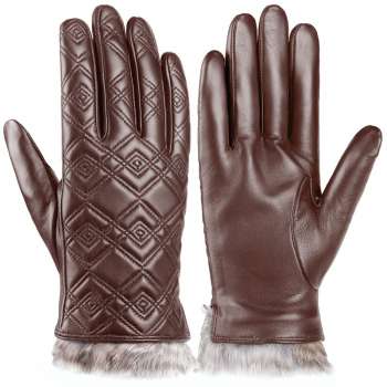 Brown Sheepskin Gloves Touch Screen Wool Inner Leather Embroidered Gloves NS268