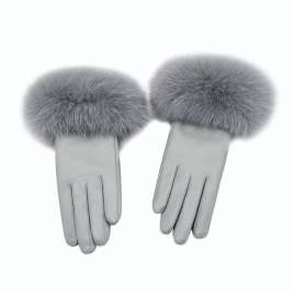 Fox fur lambskin gloves for women, gray high-end thin touch screen gloves MK04